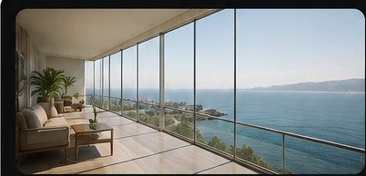 Ambiente moderno com fechamento em vidro e vista para o mar